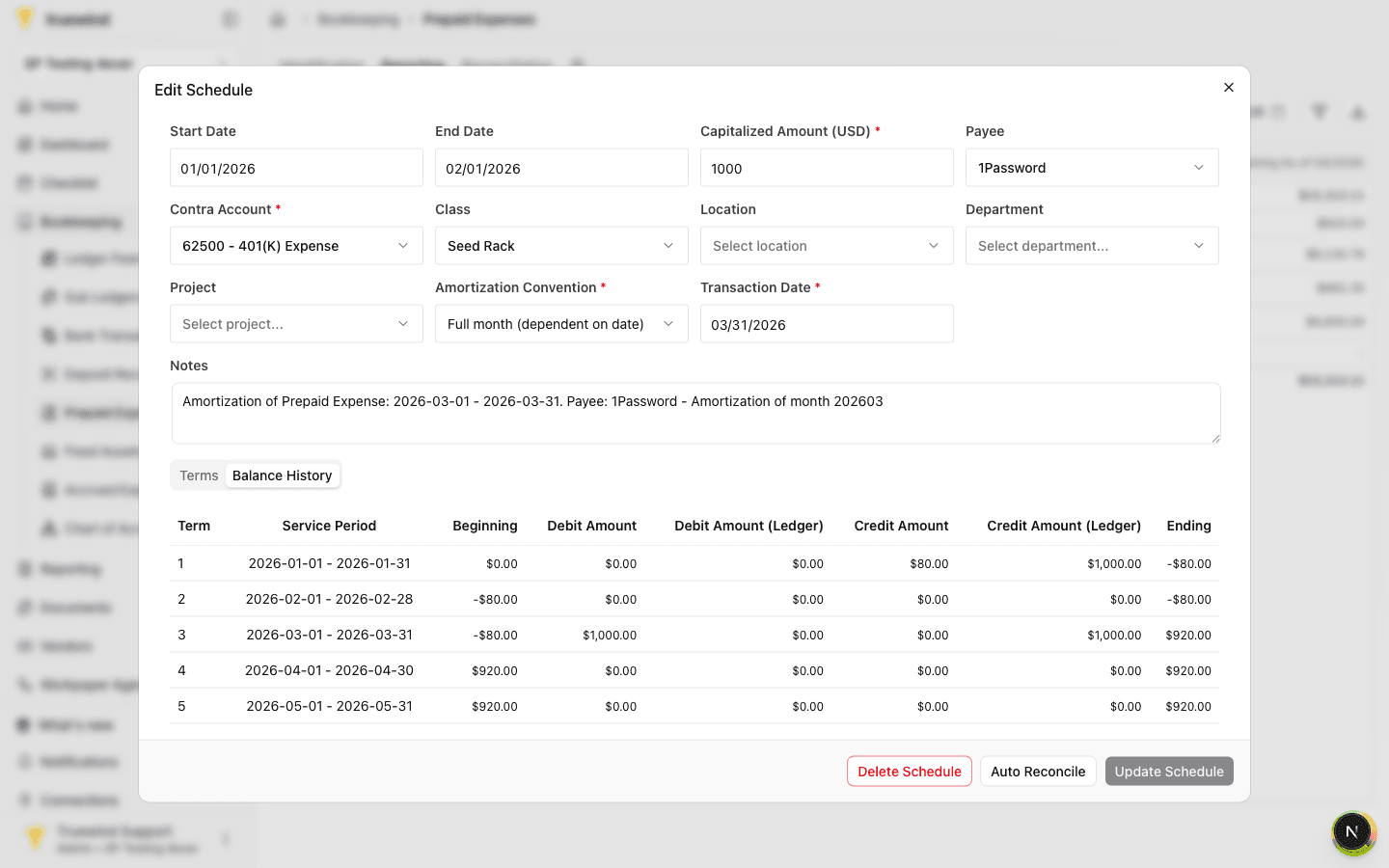 Edit Schedule modal showing balance history for a prepaid expense schedule