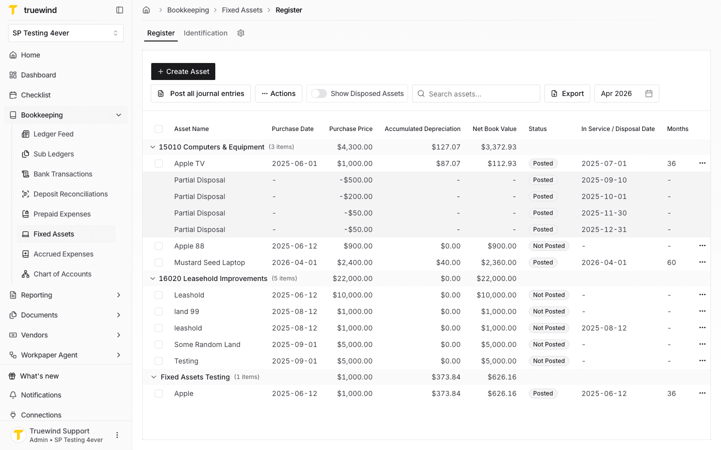 Fixed Assets register with a bulk-posted asset line visible.