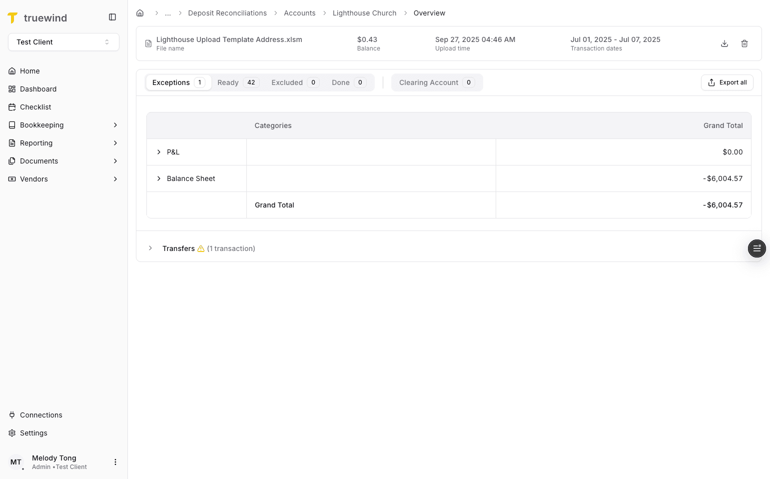 Screenshot showing the Deposit Reconciliation overview page