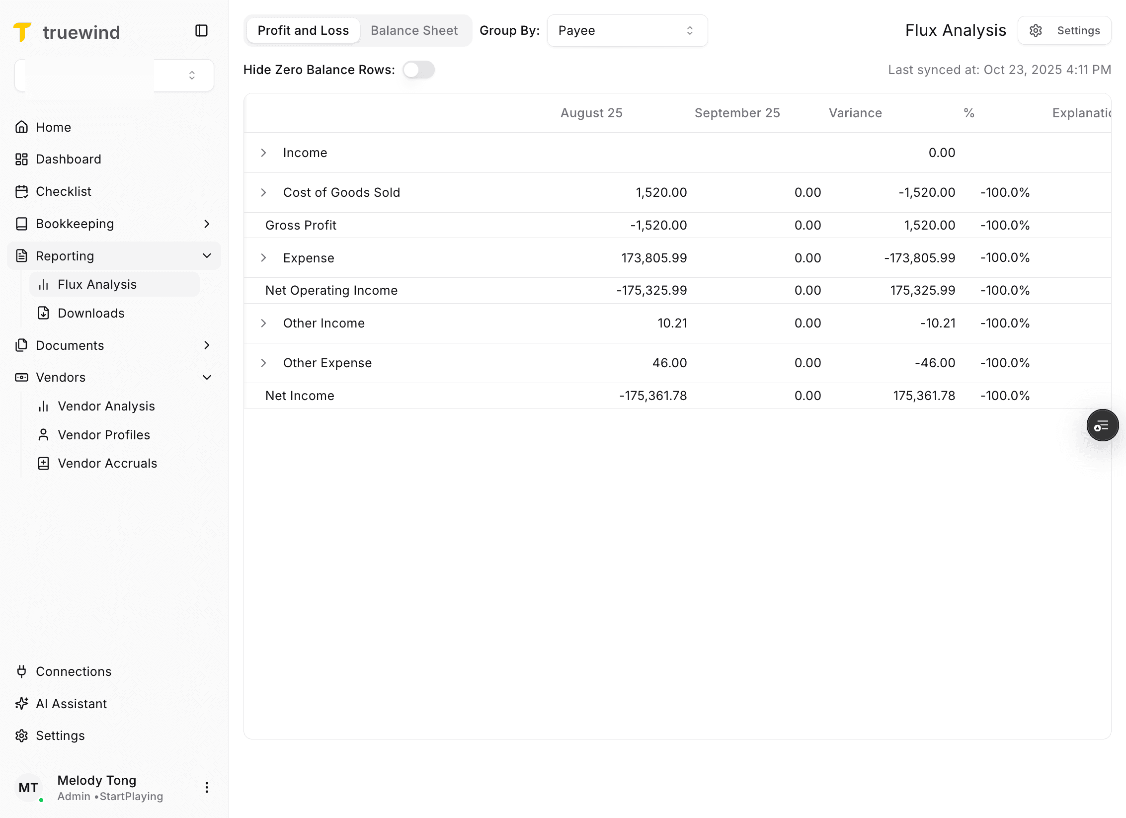 Screenshot showing Reporting in the Truewind navigation