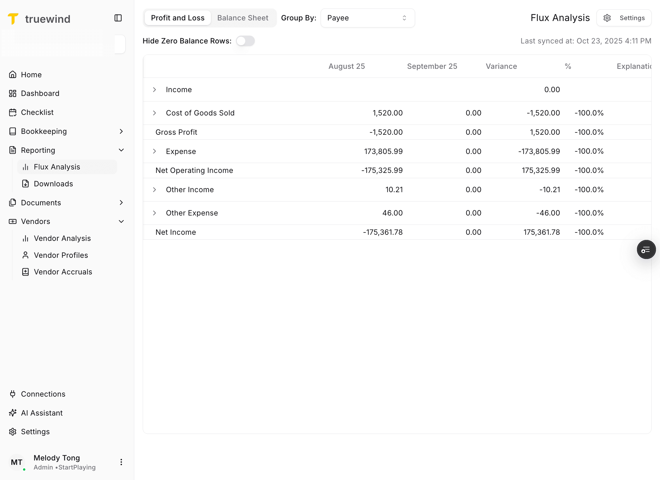 Screenshot showing the Profit and Loss and Balance Sheet options