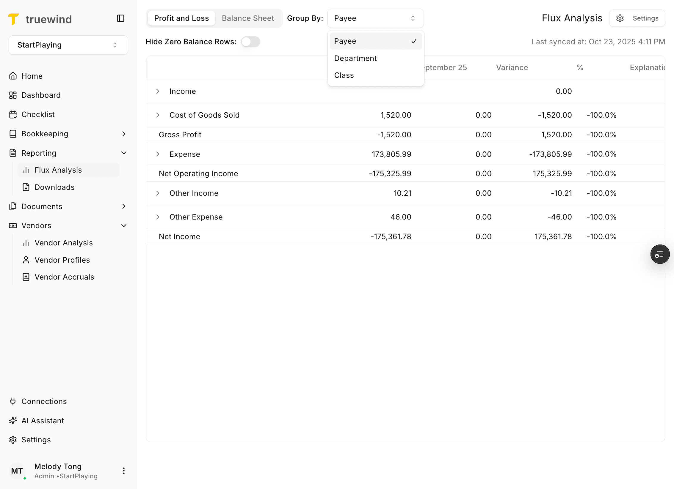 Screenshot showing the Group By options in Flux Analysis