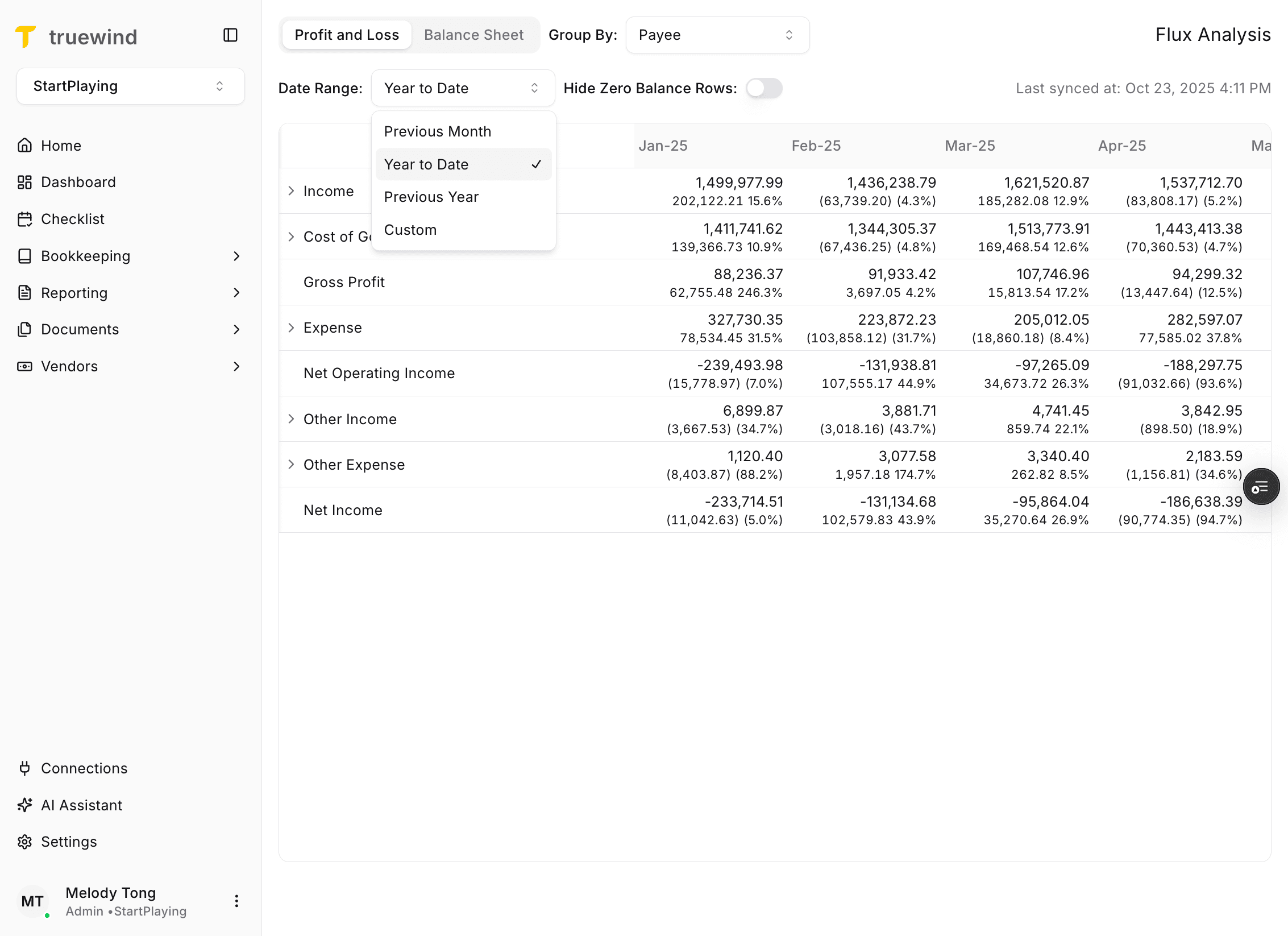 Screenshot showing the date range options in Flux Analysis