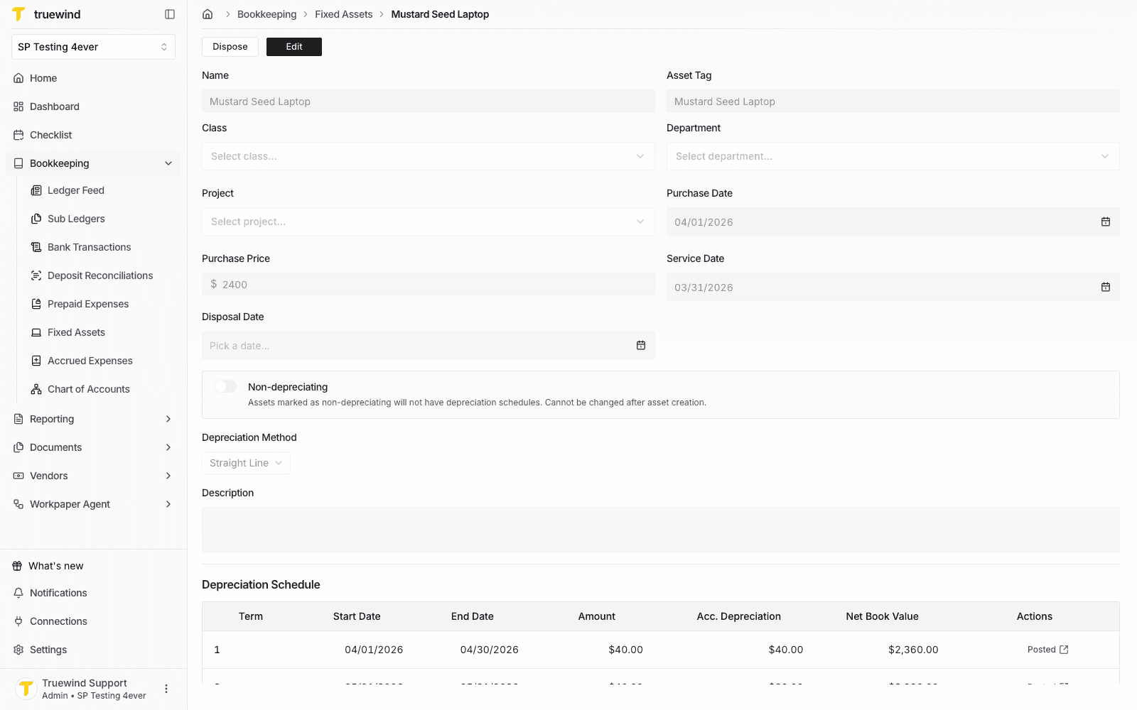 Fixed Asset detail page for Mustard Seed Laptop with the Dispose action visible.
