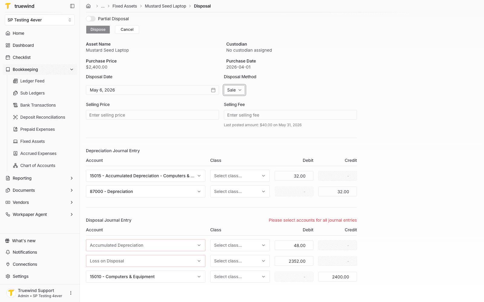 Disposal method menu showing Sale as the selected method.