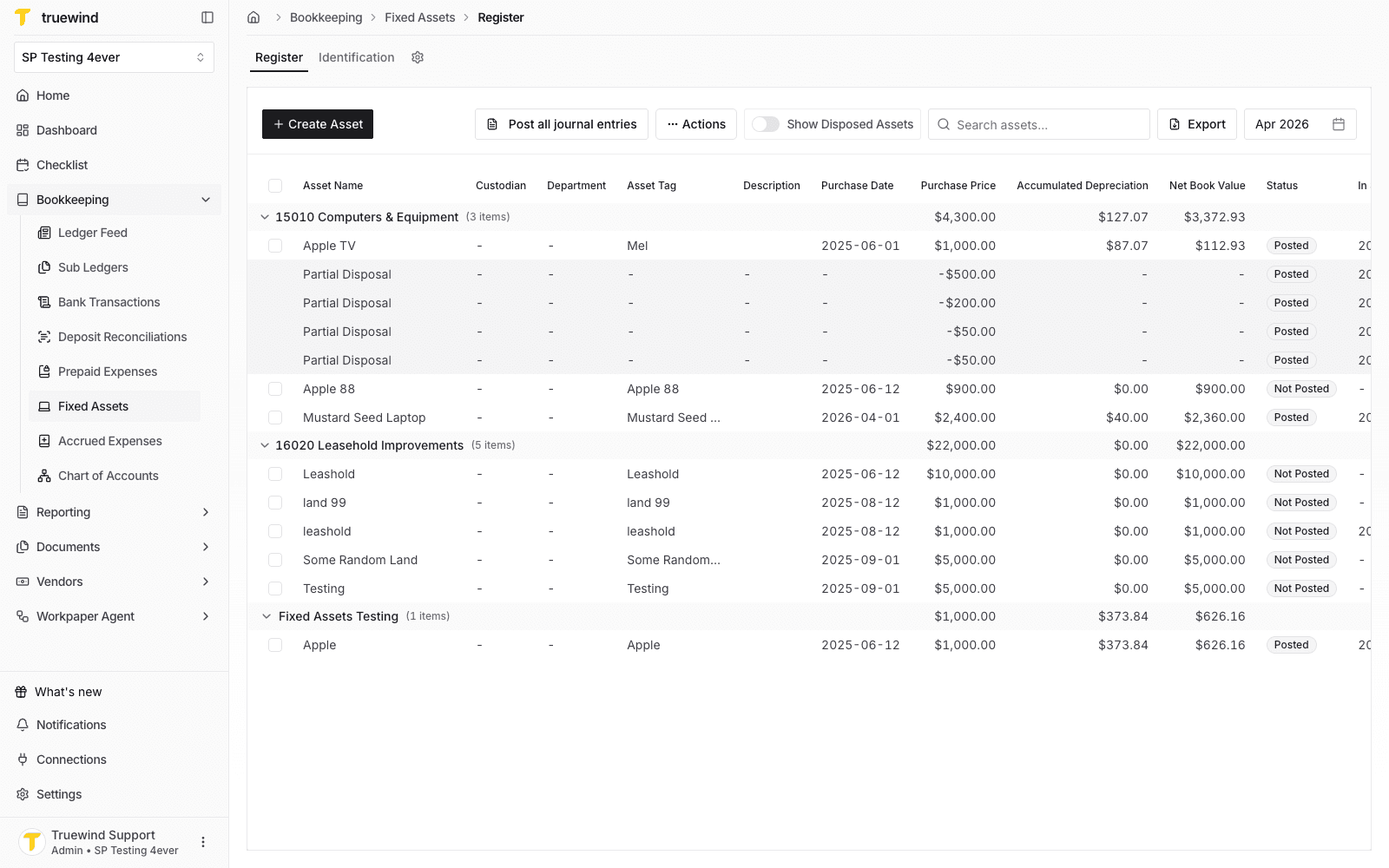 Fixed Assets register with the Show Disposed Assets control visible.