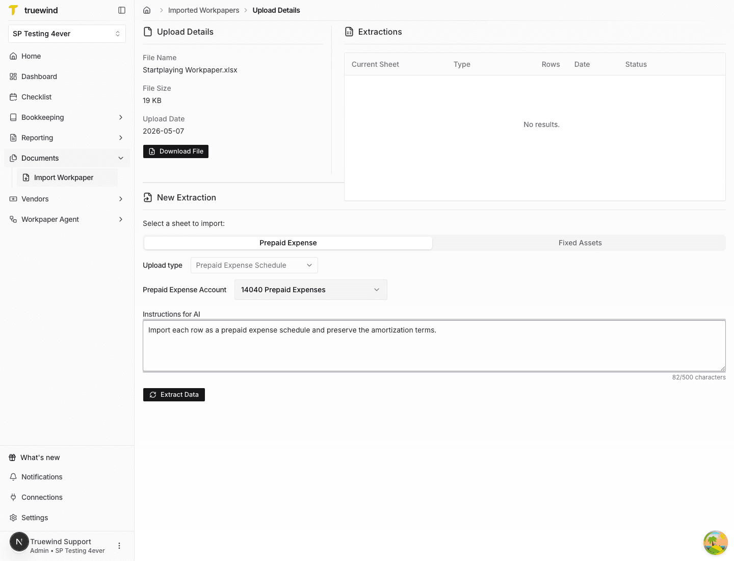 Screenshot showing the Extract Data action after workpaper import settings are complete.