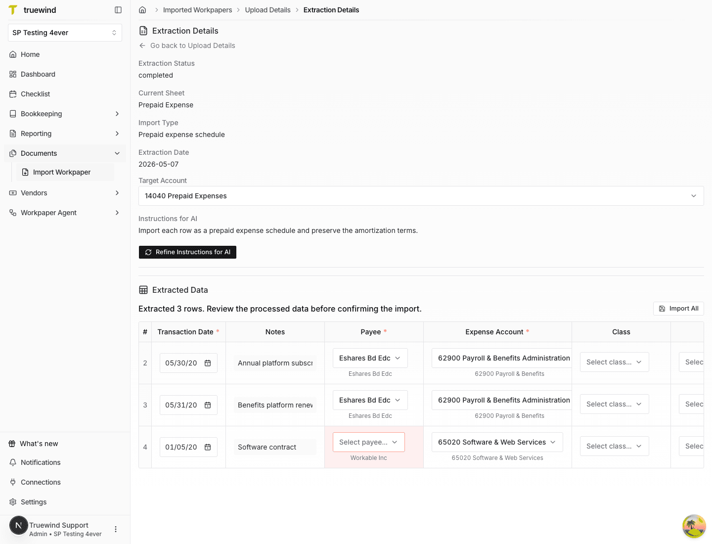 Screenshot showing extracted prepaid expense rows in the import review table.