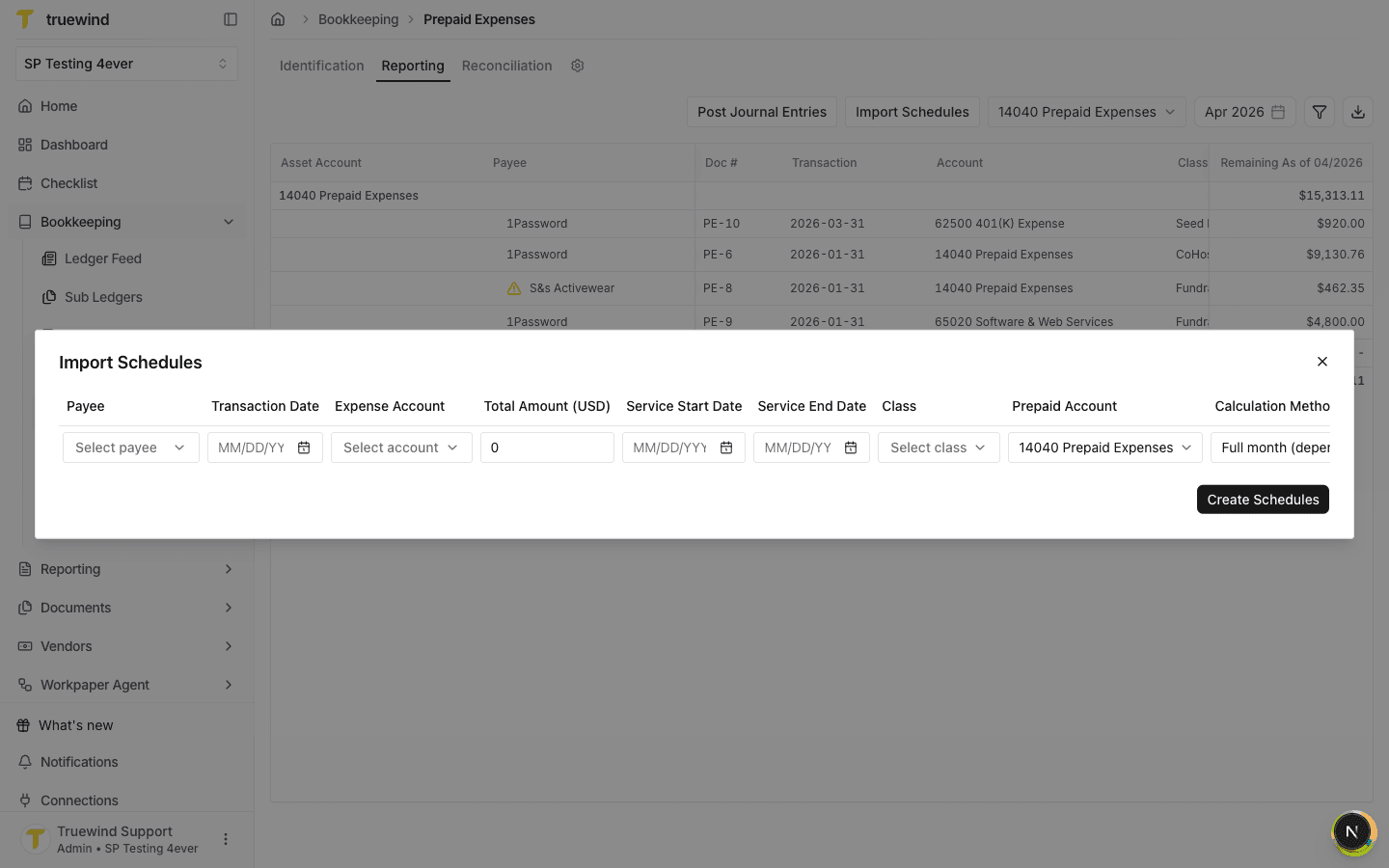 Import Schedules modal opened from the Prepaid Expenses Reporting tab