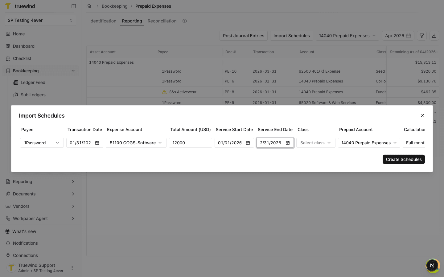 Import row filled with payee, expense account, amount, and service dates