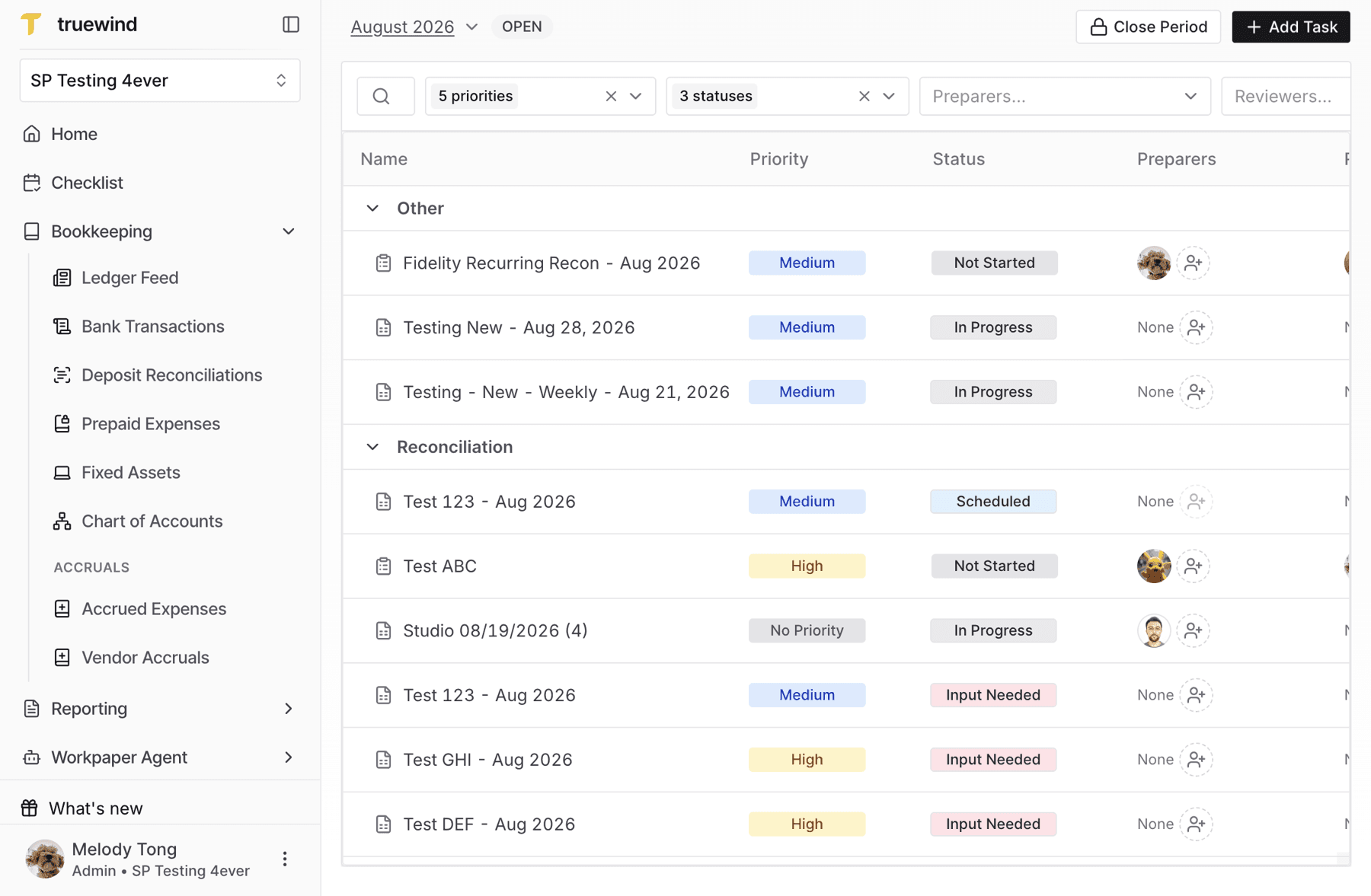 Screenshot showing the Add Task button on the Checklist page.