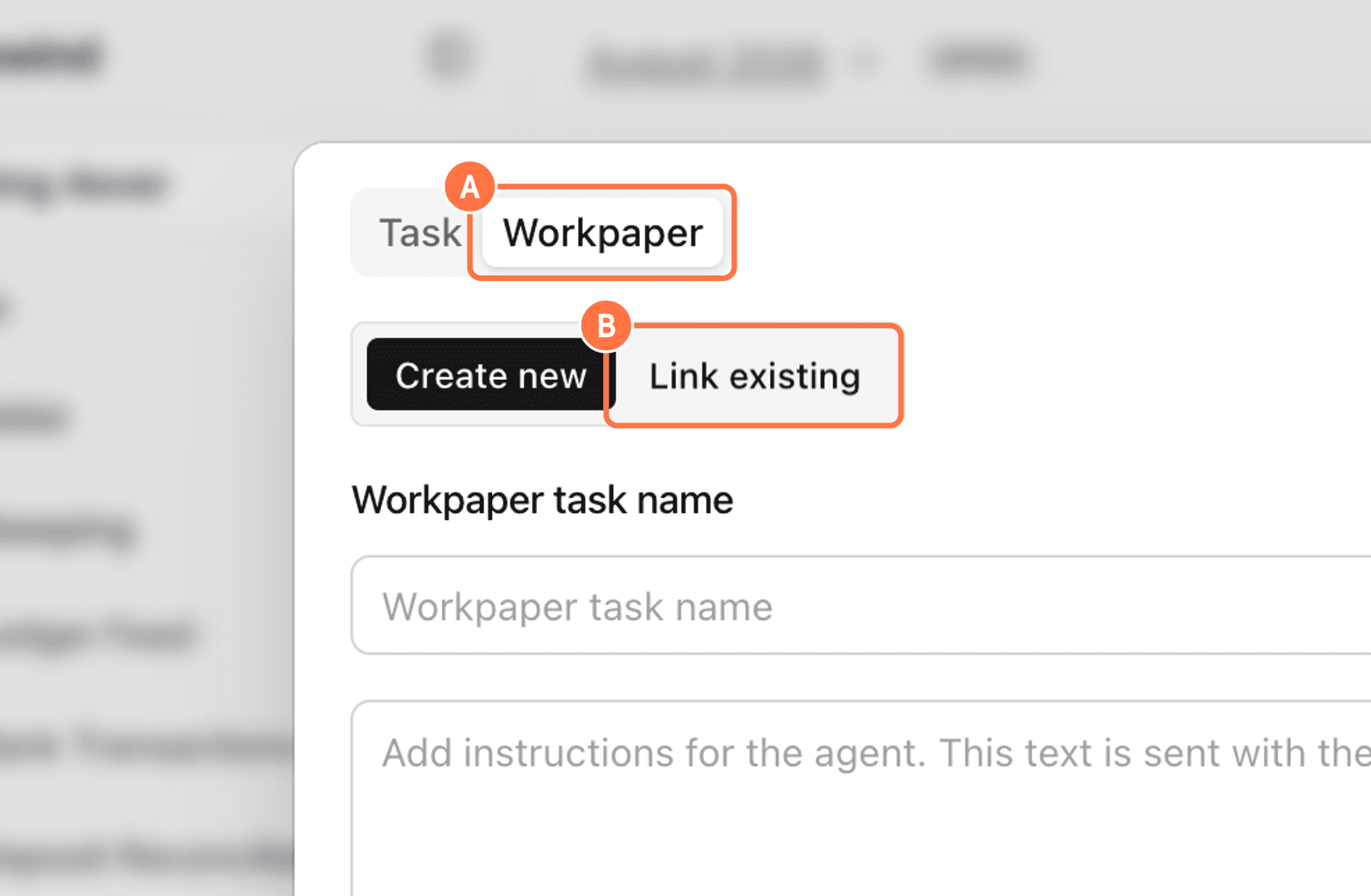 Screenshot showing red callouts around the Workpaper tab and Link existing option.