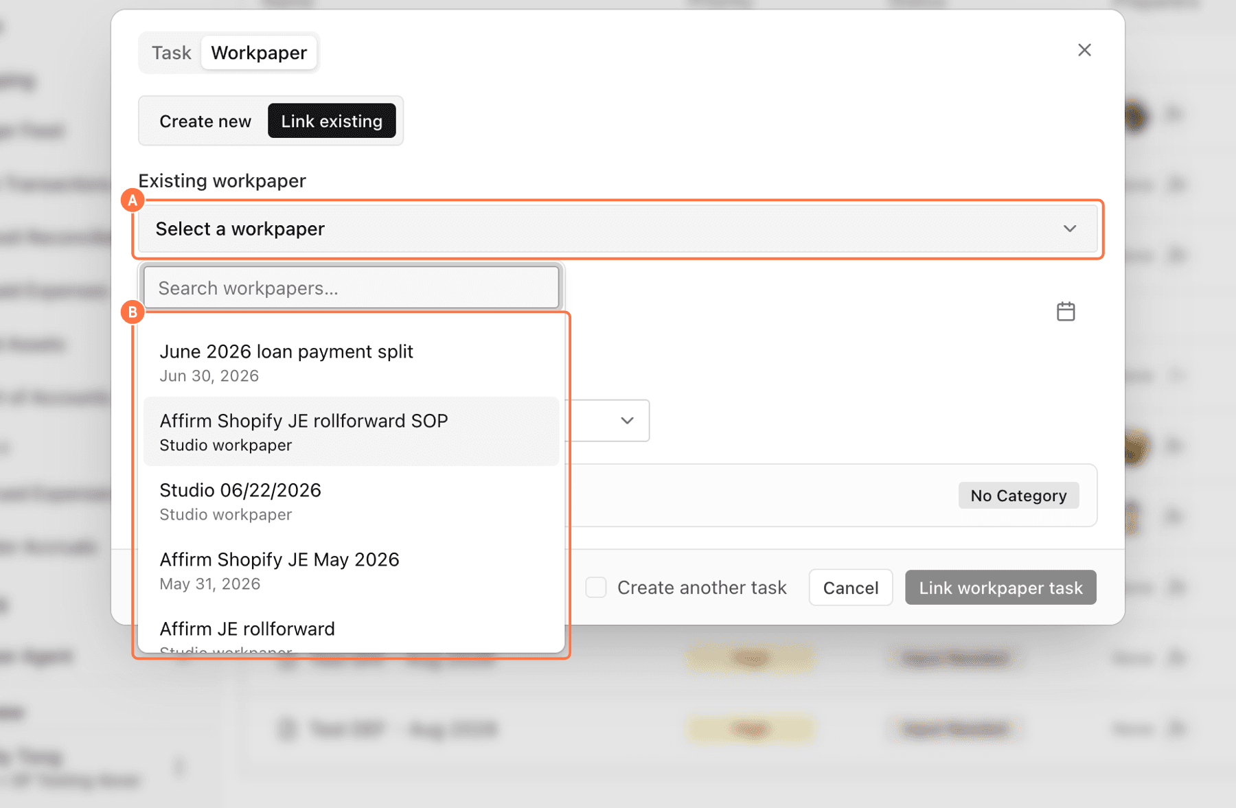 Screenshot showing red callouts around the existing workpaper selector and workpaper list.