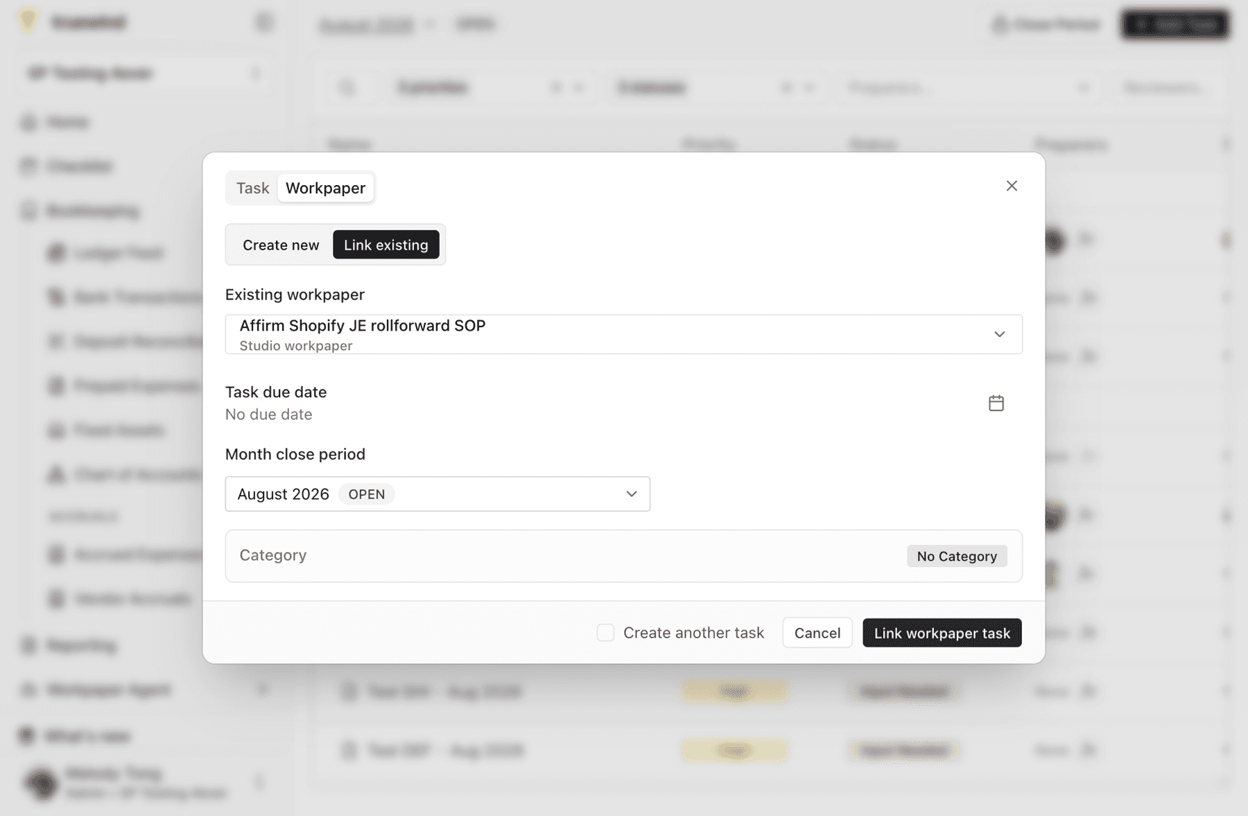 Screenshot showing the Link workpaper task button in the Workpaper task form.