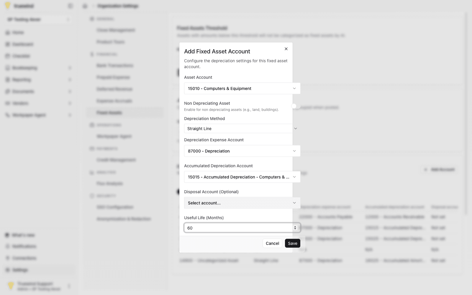 Add Fixed Asset Account dialog with useful life set to 60 months.