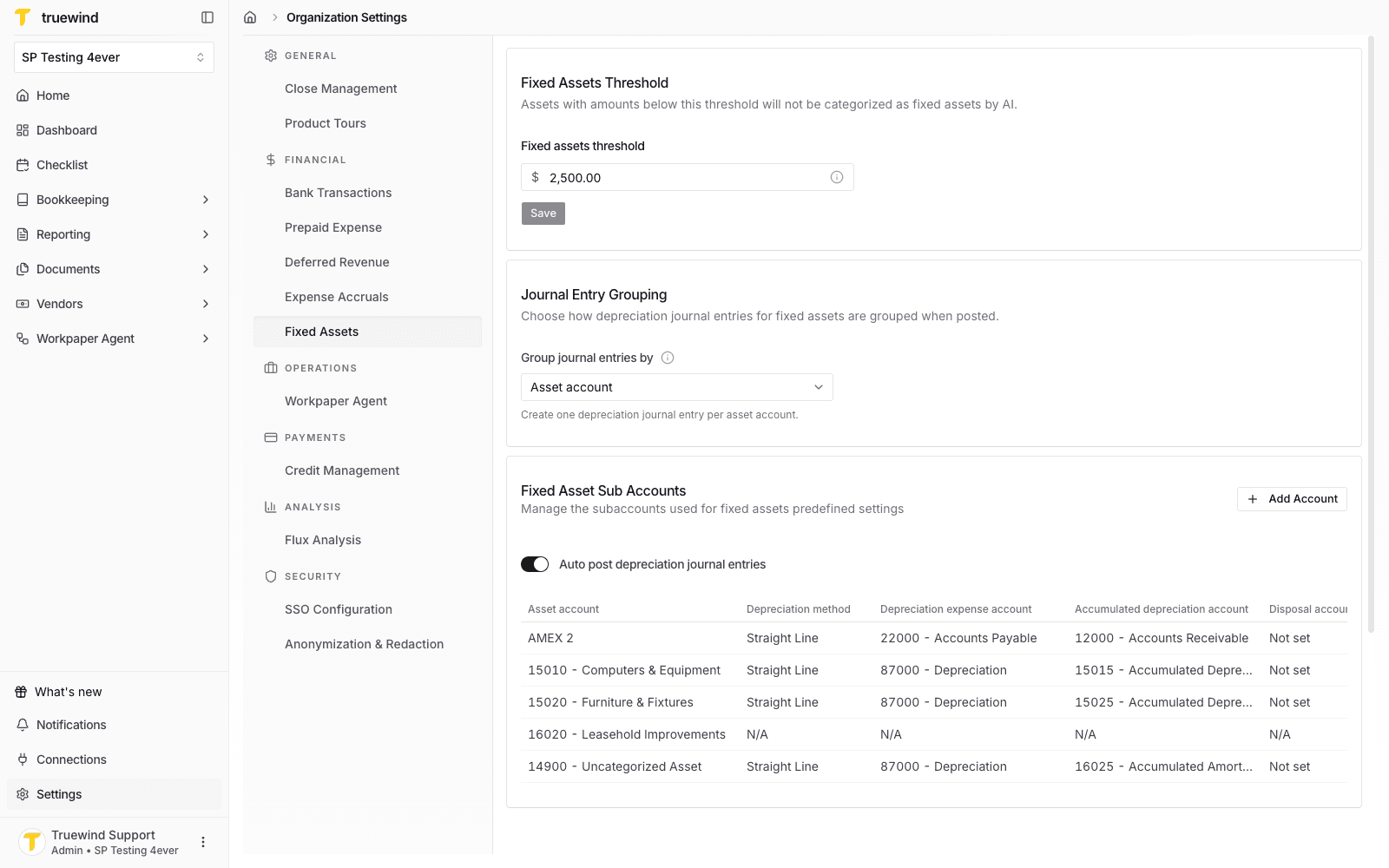 Fixed Asset Sub Accounts table with account defaults for depreciation and disposal settings.