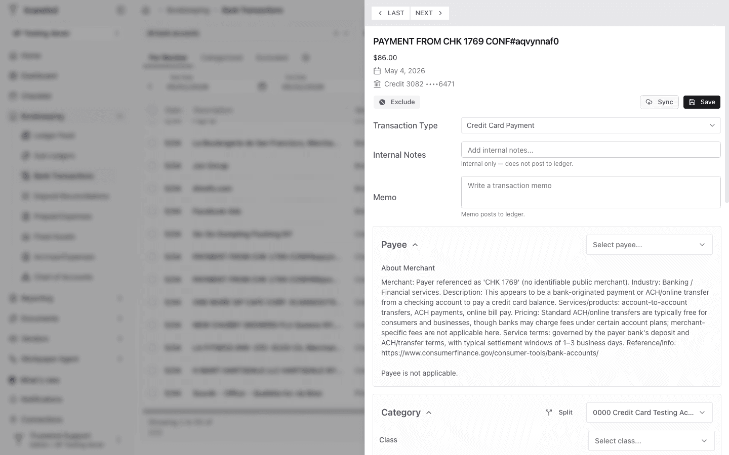 Screenshot showing a payment transaction opened in the Bank Transactions detail panel.