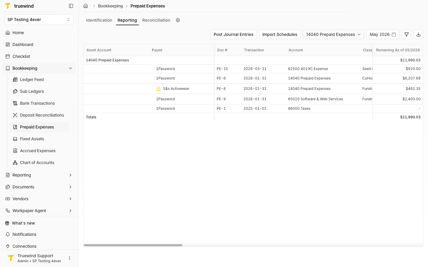 Screenshot showing the Prepaid Expenses Reporting tab after reviewing a schedule