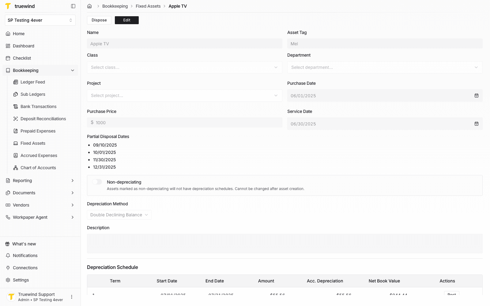 Apple TV fixed asset detail page with depreciation settings and schedule below.