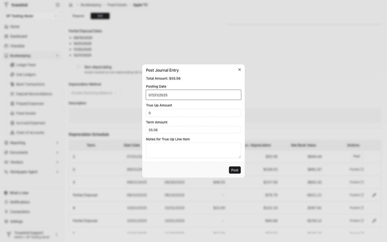 Post Journal Entry dialog with posting date and total amount.
