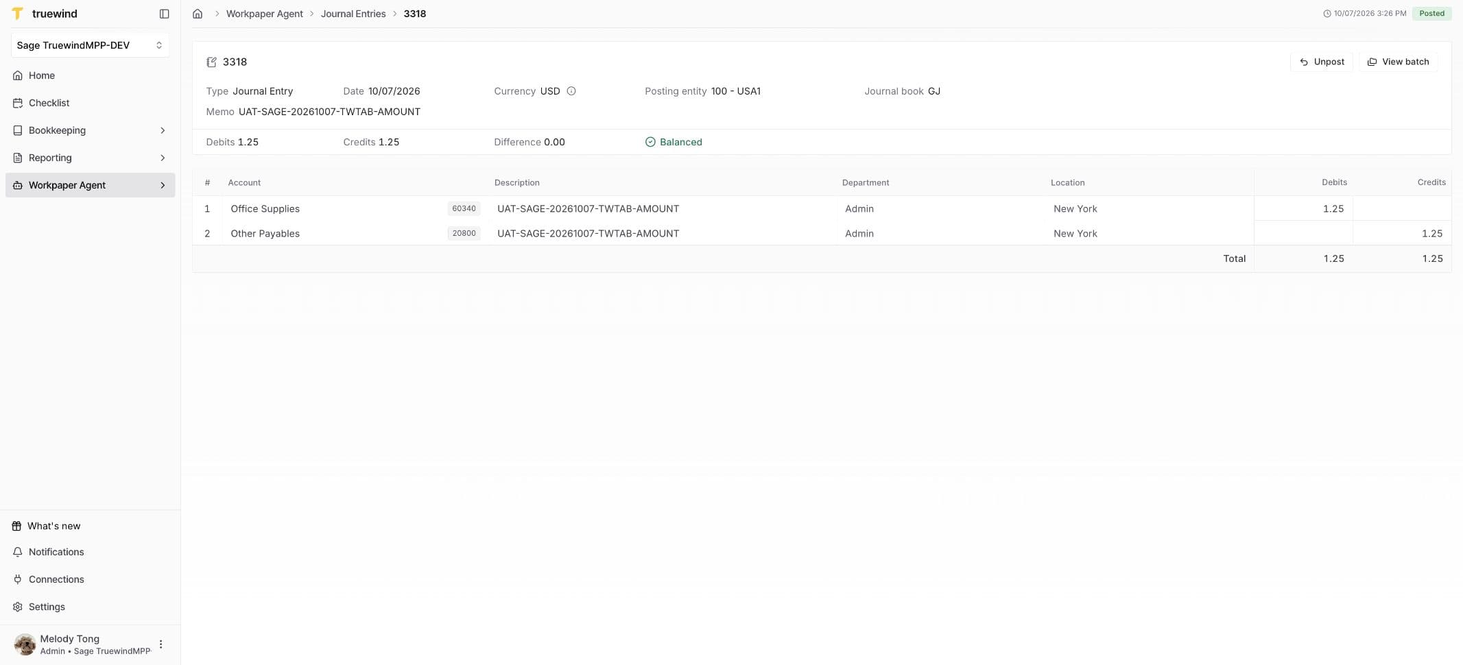 Saved Sage journal entry detail in Truewind