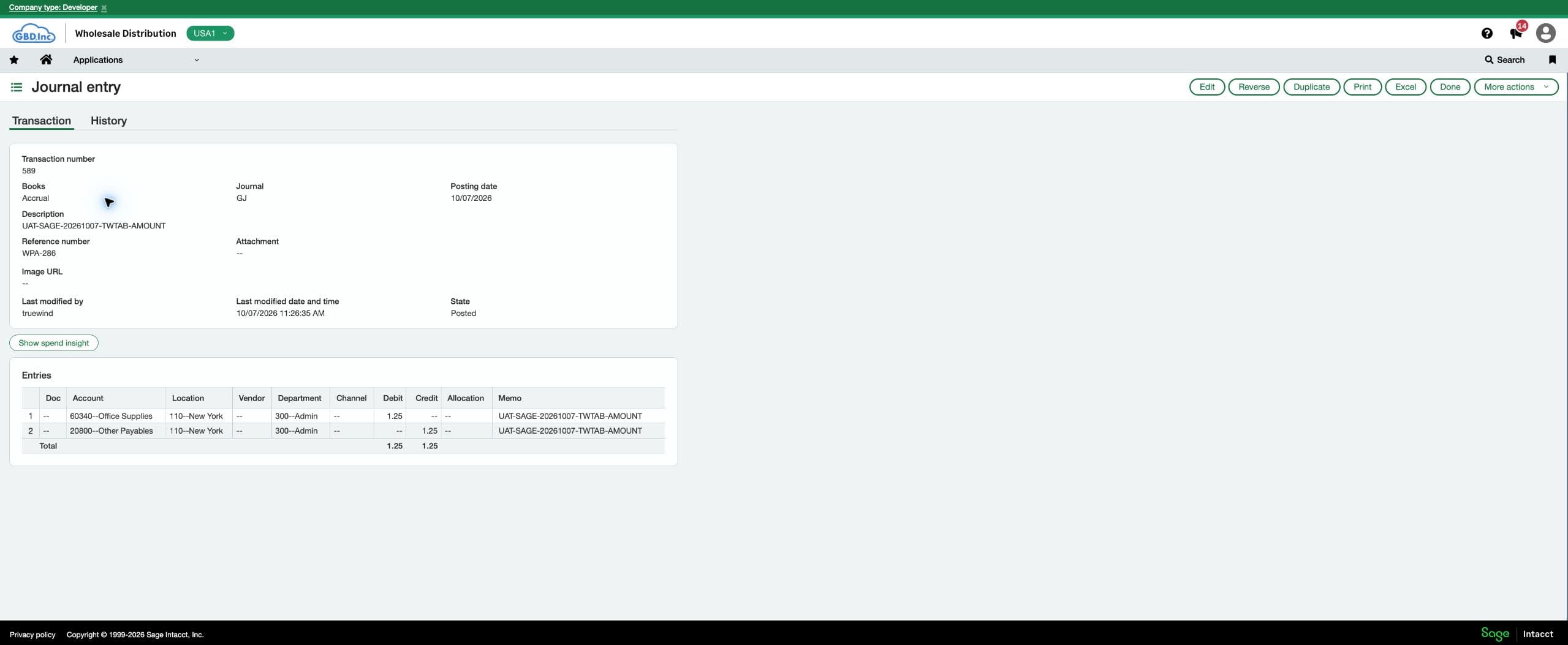 Sage journal entry showing State Posted and account and dimension details