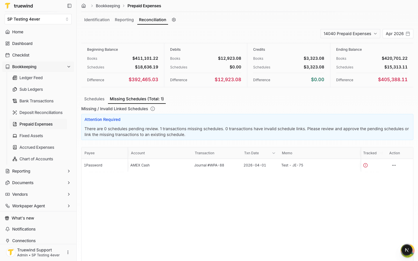 Missing Schedules tab showing one transaction that requires schedule review