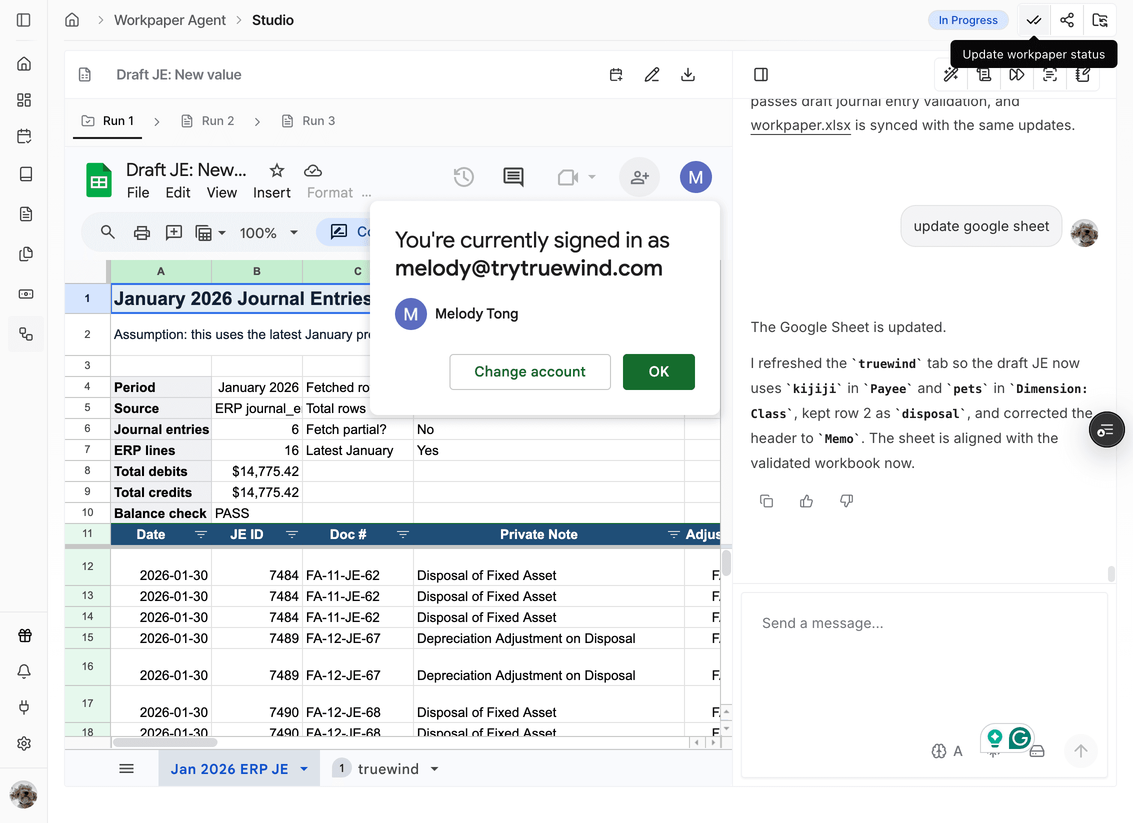 Screenshot showing the review action in Workpaper Agent Studio