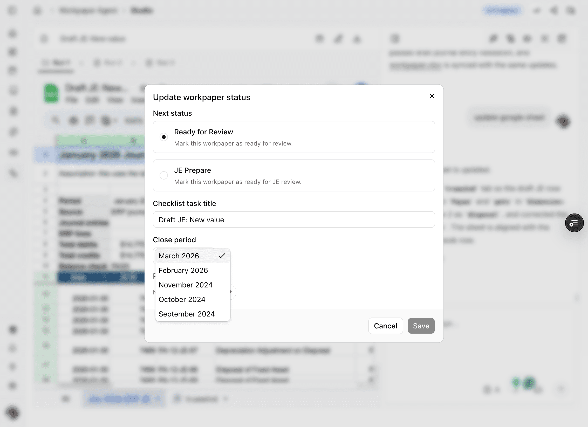 Screenshot showing the close-period selector in the review flow