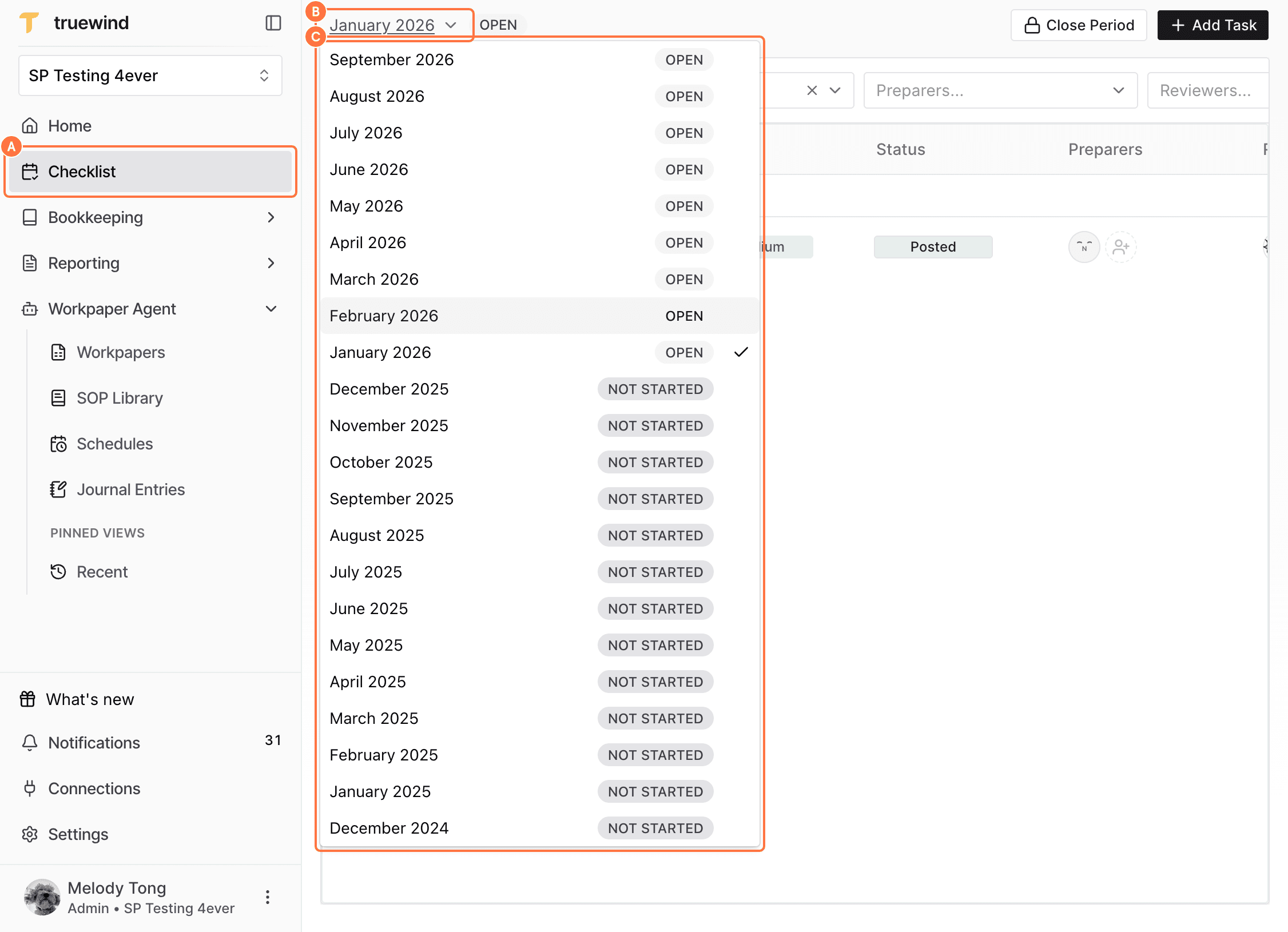 Screenshot showing red callouts for opening Checklist and selecting a close period.