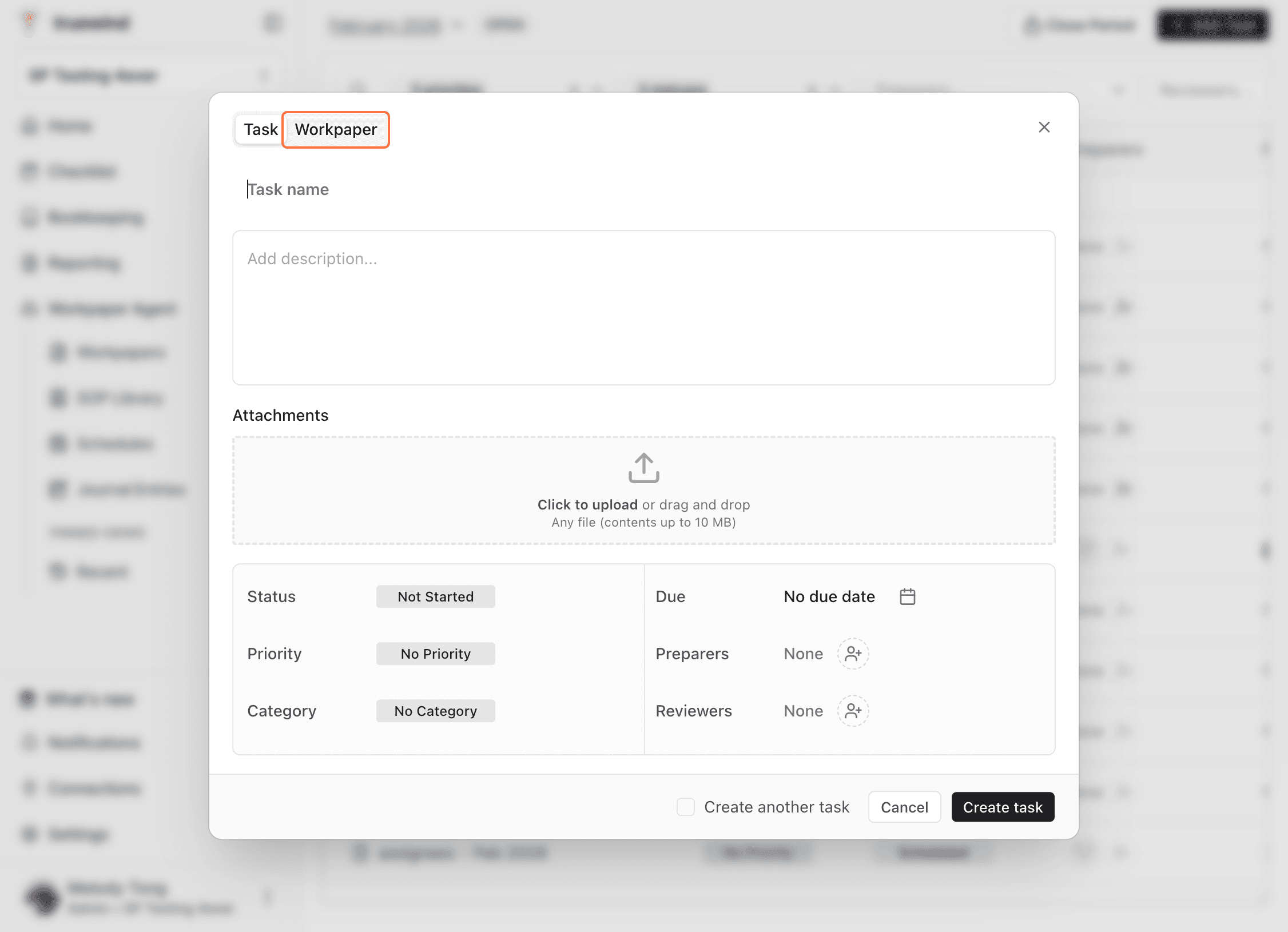 Screenshot showing a red callout around the Workpaper option.