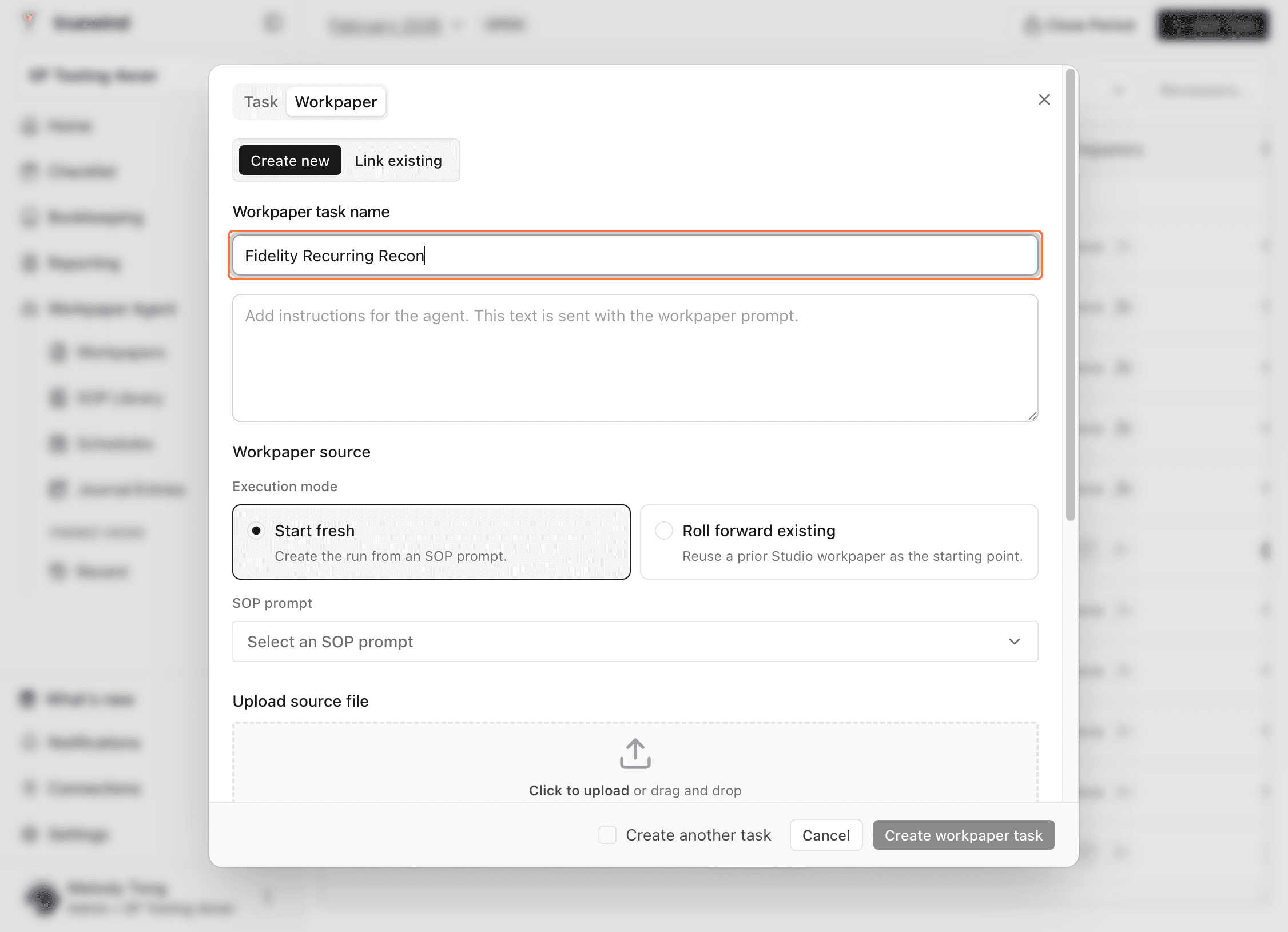 Screenshot showing a red callout around the workpaper task name field.