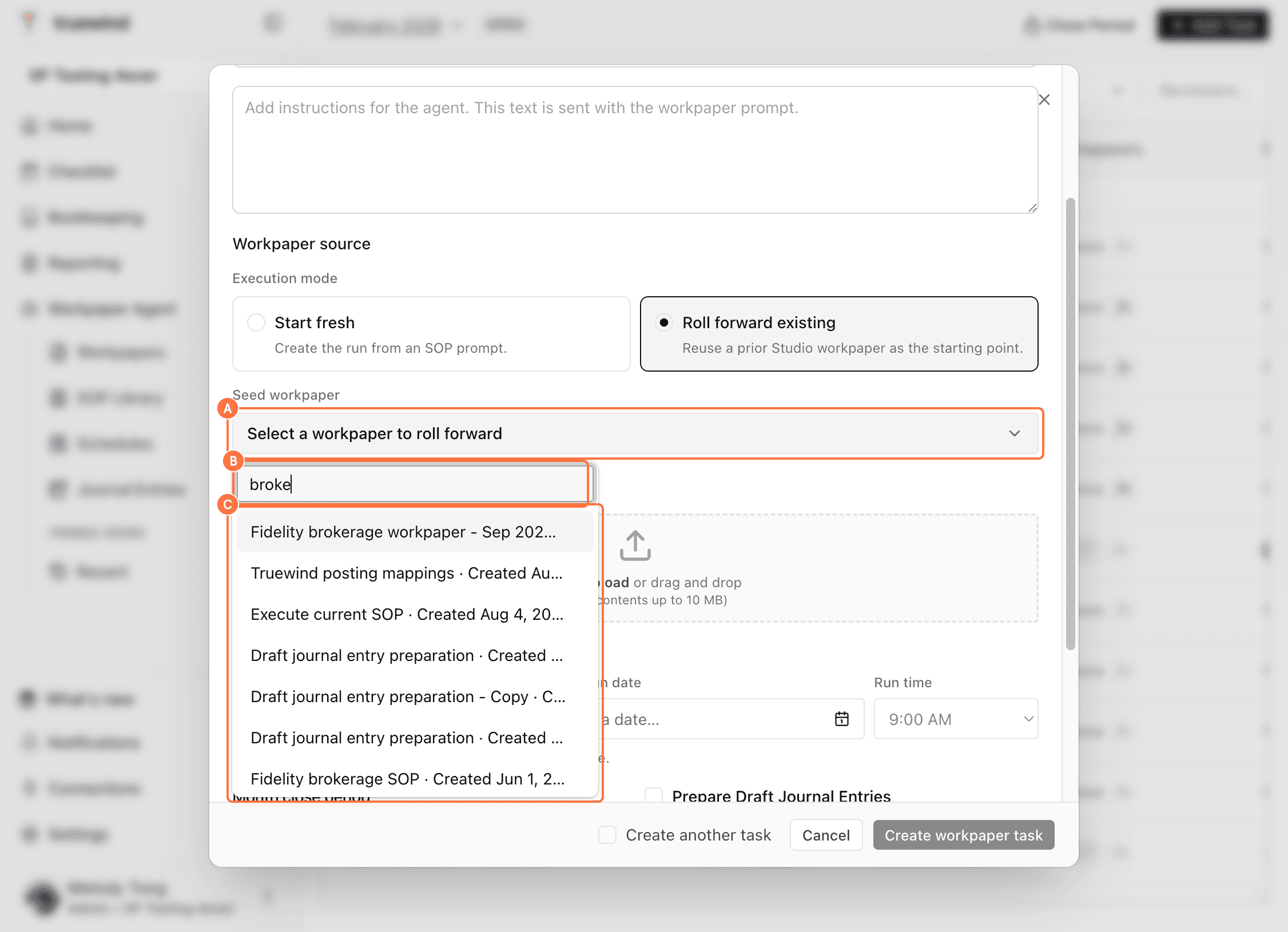 Screenshot showing red callouts around the source workpaper selector, search box, and selected workpaper.