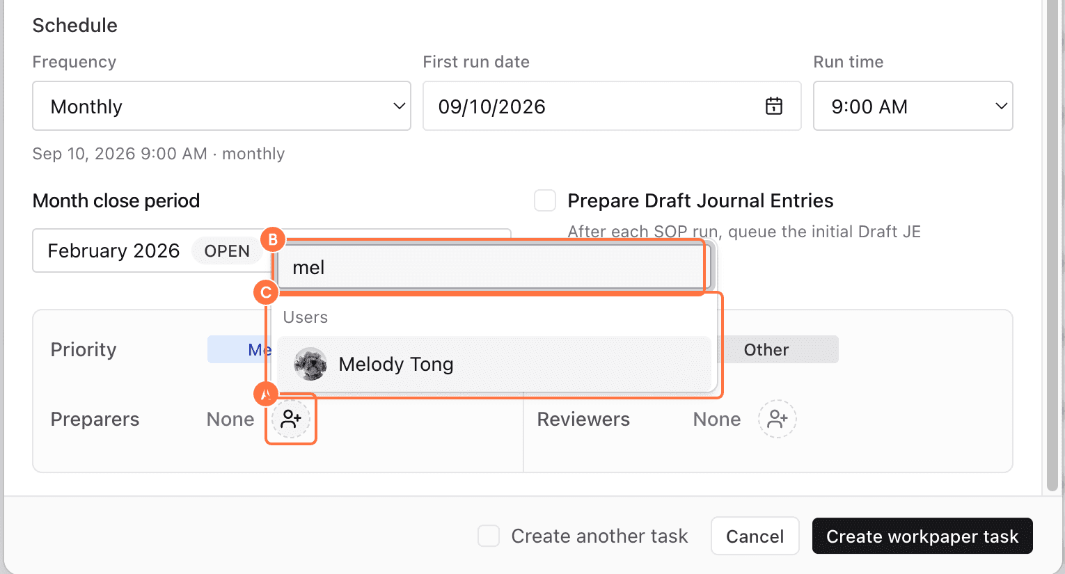 Screenshot showing red callouts around the preparer selector, search box, and selected preparer.