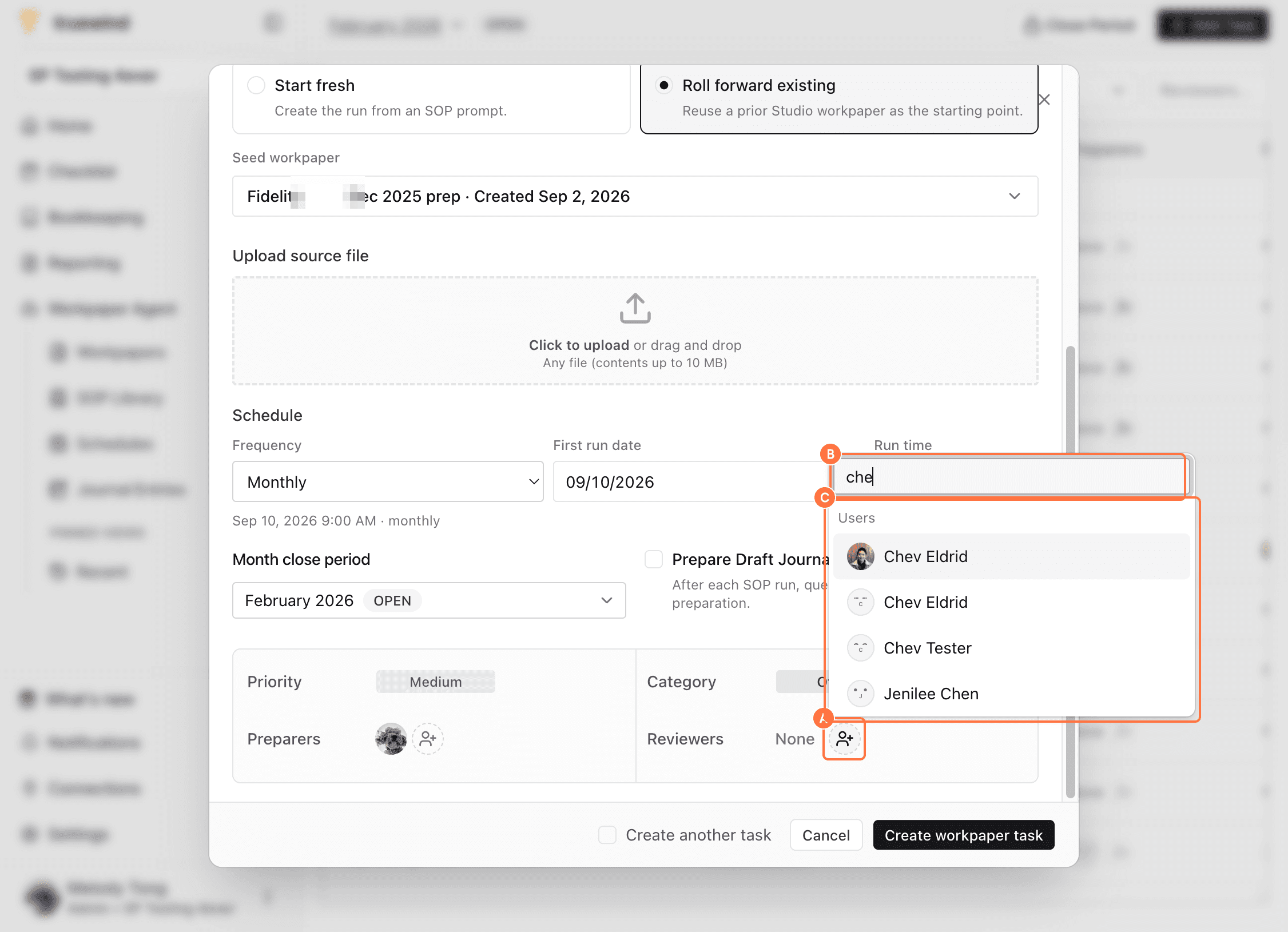 Screenshot showing red callouts around the reviewer selector, search box, and selected reviewer.