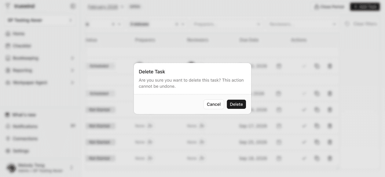 Screenshot showing the Delete Task confirmation for a scheduled workbook task in Checklist.
