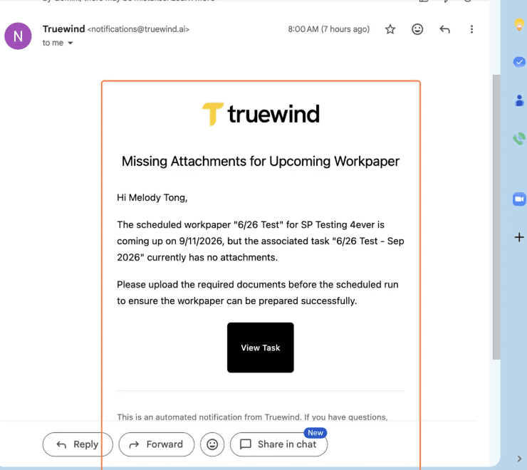 Screenshot showing a red callout around the View Task button in a reminder email.