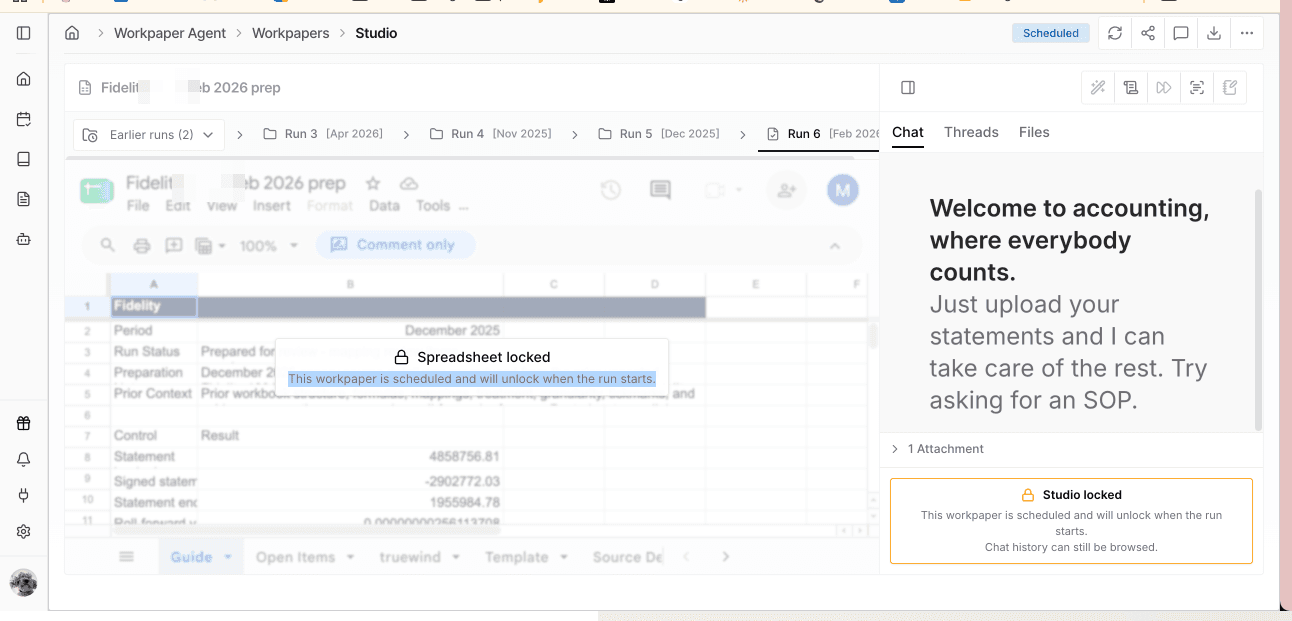 Screenshot showing the workbook in Workpaper Agent with an updated status.