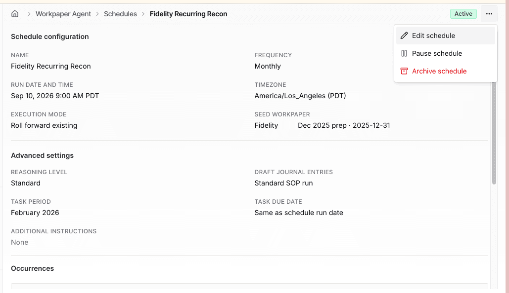 Screenshot showing scheduled agent management actions for editing or archiving a schedule.