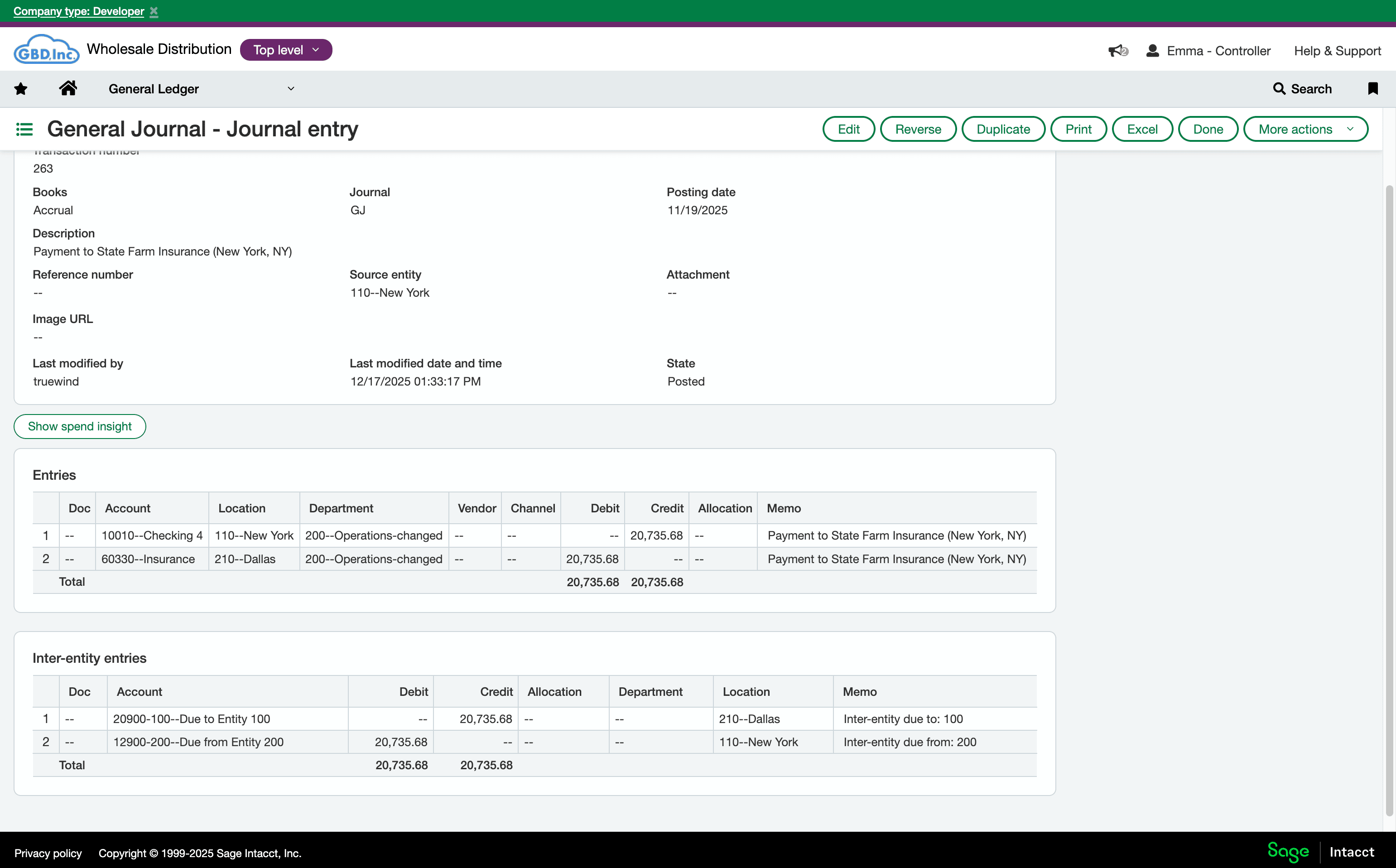 Sage Intacct journal entry showing source entity, entry lines, and inter-entity entries created from Truewind.