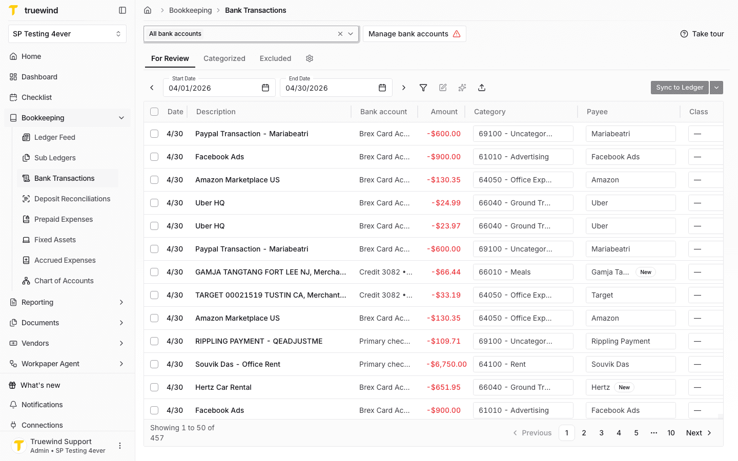 Screenshot showing Bank Transactions with all bank accounts selected and transaction rows visible.
