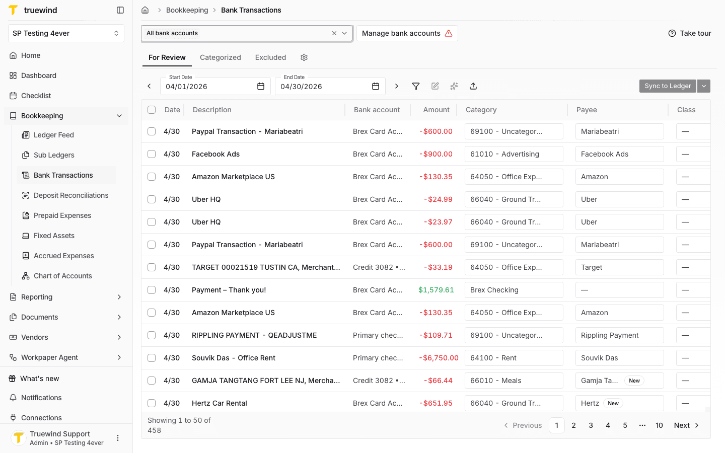Screenshot showing Bank Transactions with all bank accounts selected and transaction rows visible.