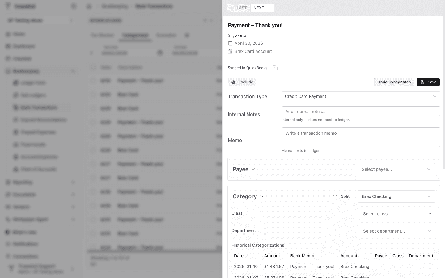 Screenshot showing a synced bank transaction opened in the detail panel.