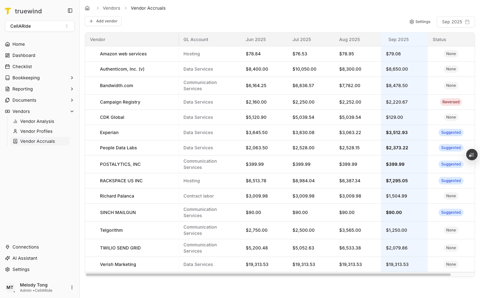 Screenshot showing Vendor Accruals in the Truewind navigation