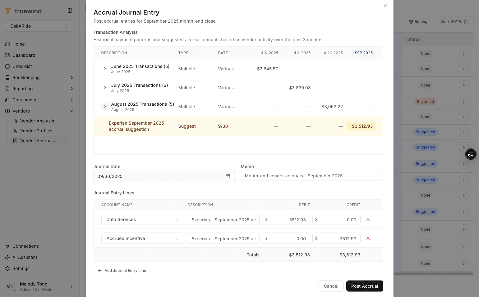 Screenshot showing the month transaction dropdown in Vendor Accruals