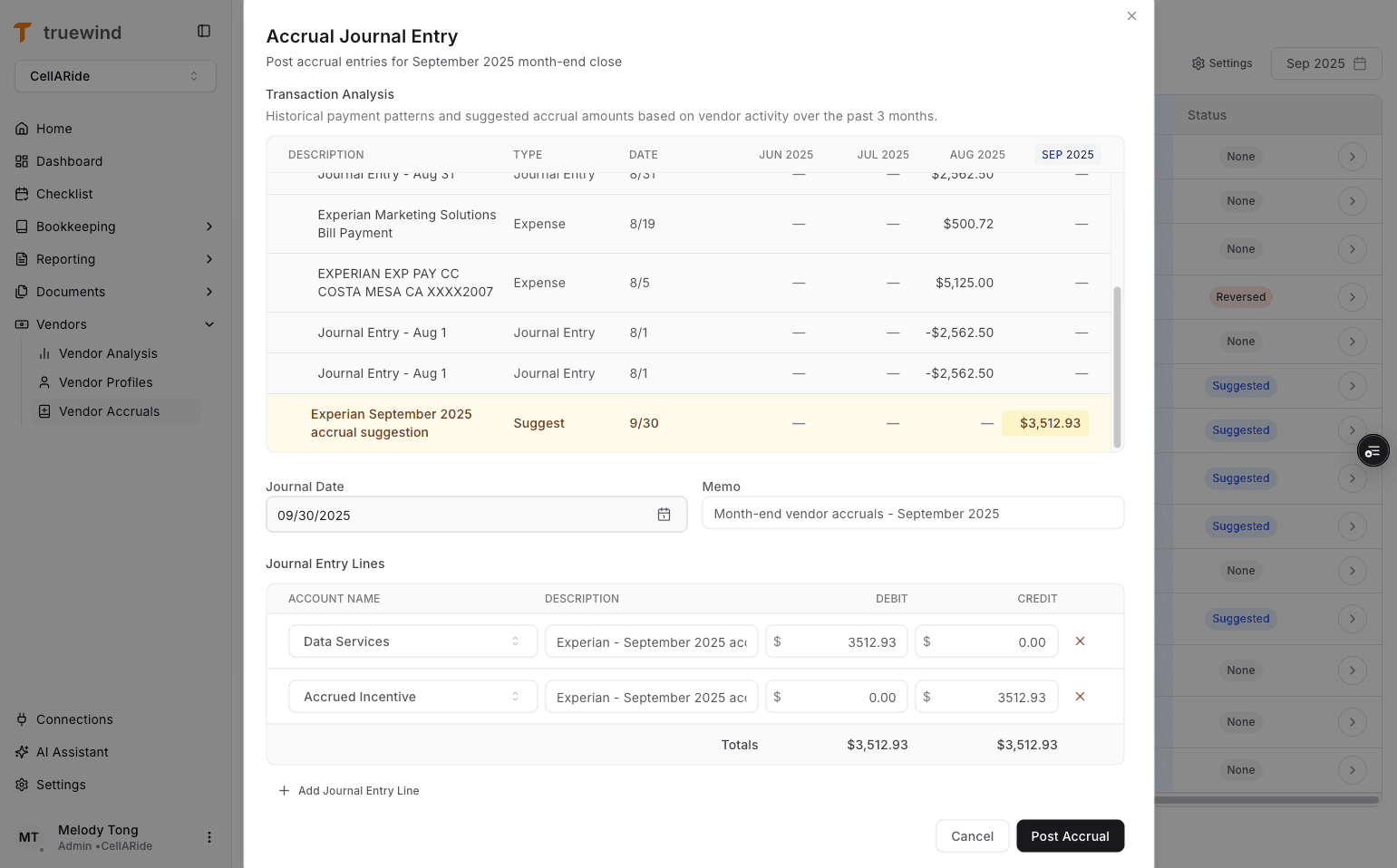 Screenshot showing the drafted accrual Journal Entry