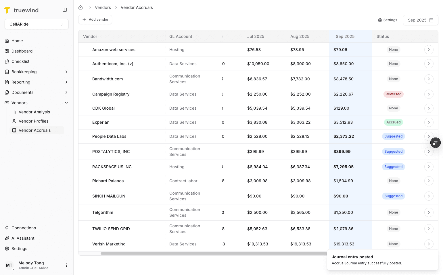 Screenshot showing the Accrued status in Vendor Accruals