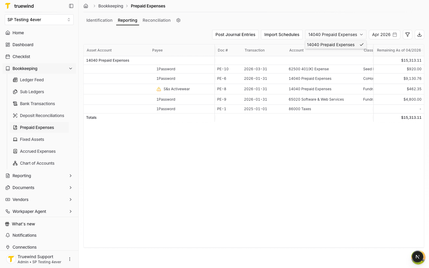 Prepaid account selector showing 14040 Prepaid Expenses