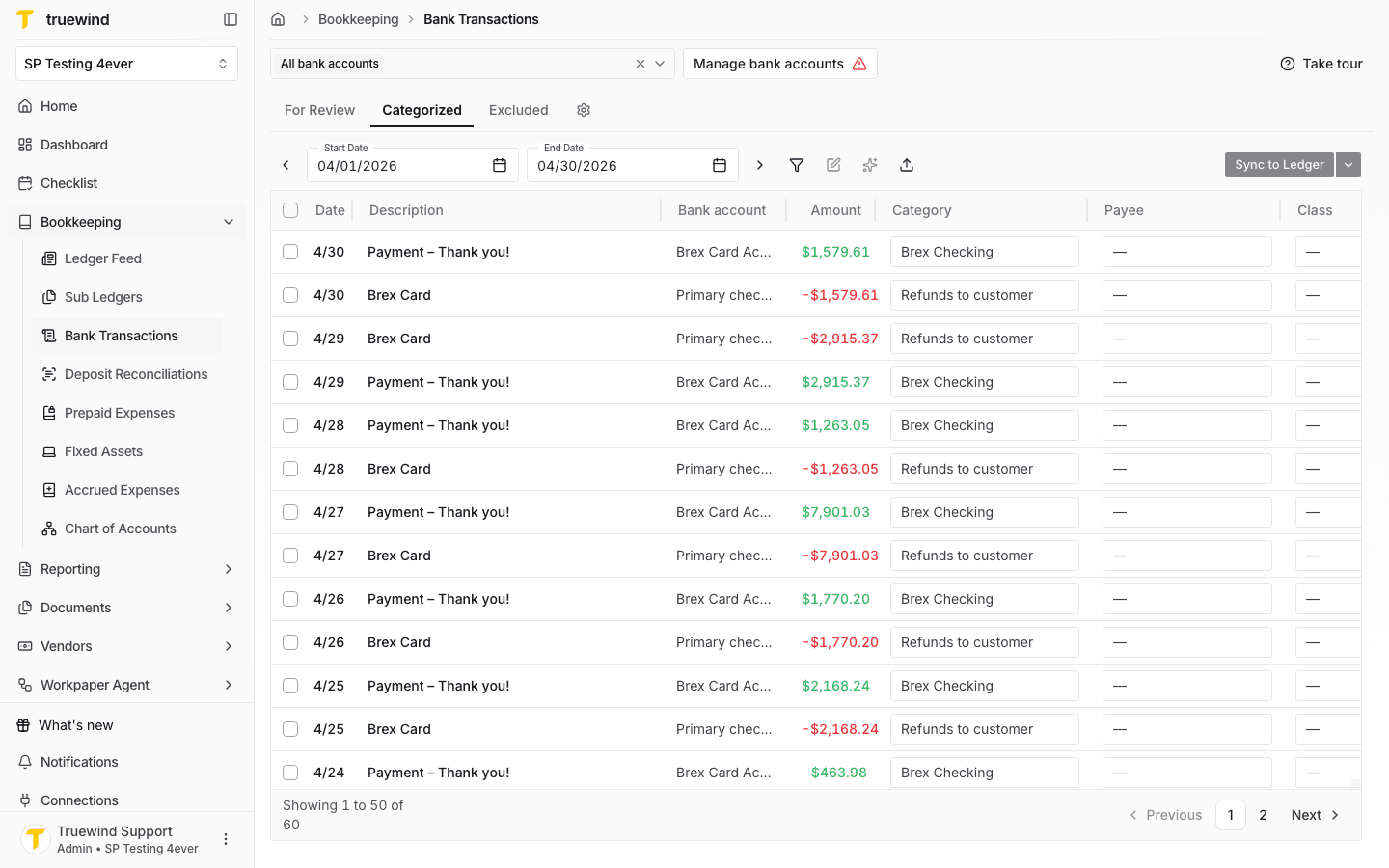 Categorized tab selected with completed Bank Transactions rows ready for review.