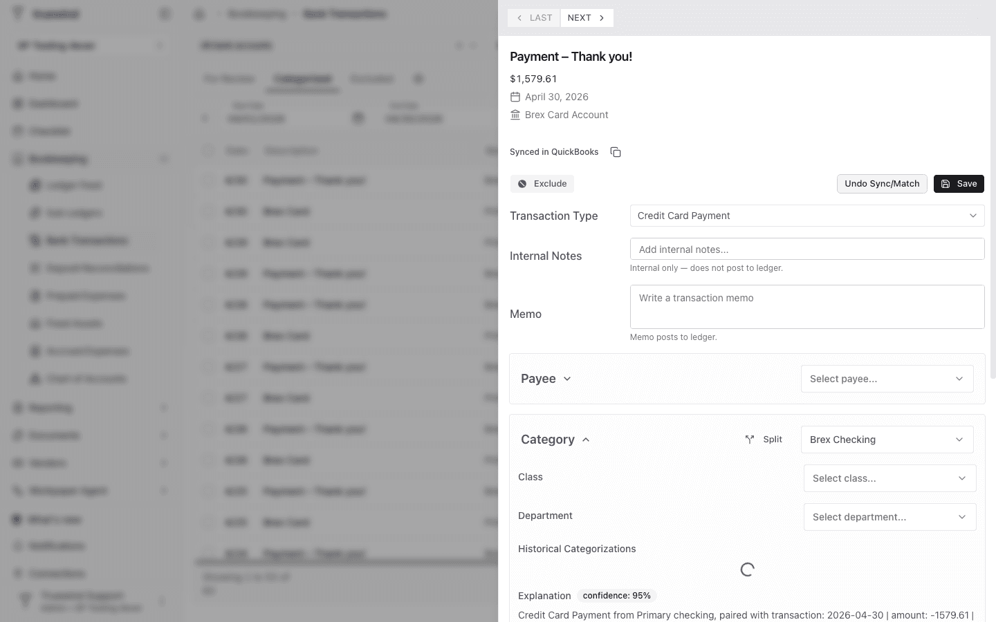 Truewind transaction detail panel showing the Synced in QuickBooks link above the transaction type field.